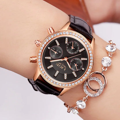 Montre Femme LIGE Luxe Cuir Quartz Diamants - Montre Élégante Cadeau Coffret
