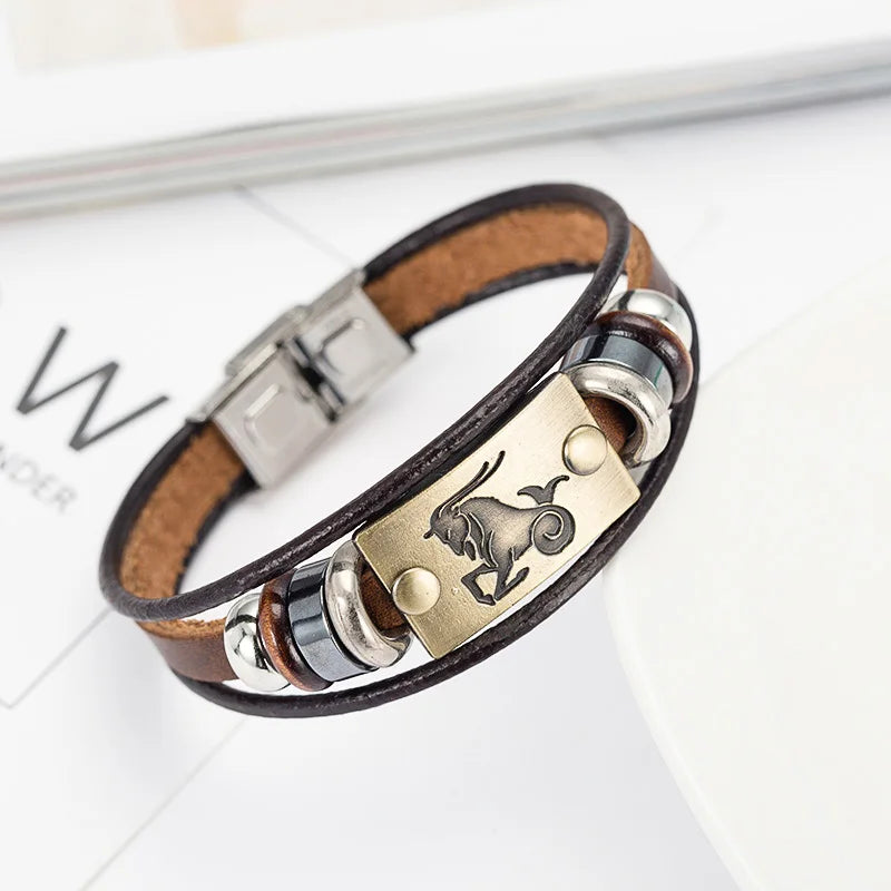 Bracelet Cuir Véritable Signes Zodiaque Acier Inoxydable - 12 Constellations Astrologie Homme Femme Verseau