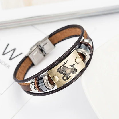 Bracelet Cuir Véritable Signes Zodiaque Acier Inoxydable - 12 Constellations Astrologie Homme Femme Verseau