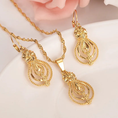 Ensemble Bijoux Éthiopien Fleurs Plaqué Or 24K – Collier Boucles Mariée Africaine