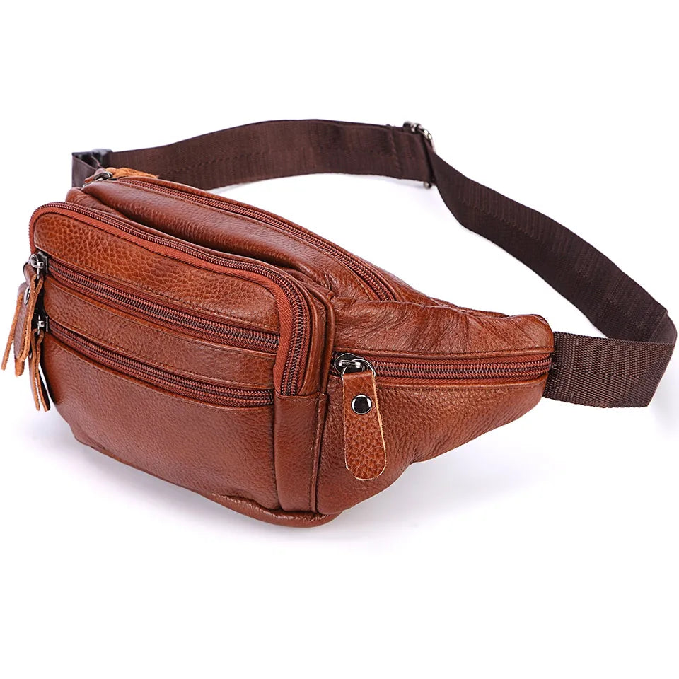 Sac Banane Homme Cuir Véritable Marron - Pochette Ceinture Téléphone Messenger Voyage