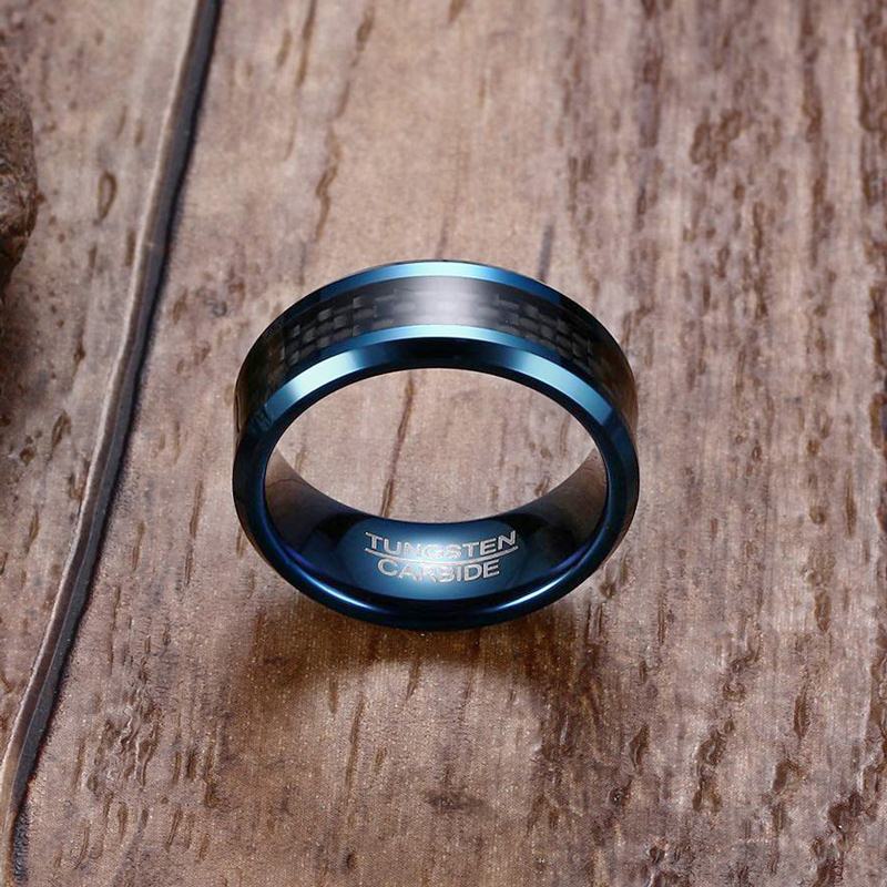 Bague Tungstène Bleu Homme 8mm - Alliance Mariage Fibre Carbone Vnox