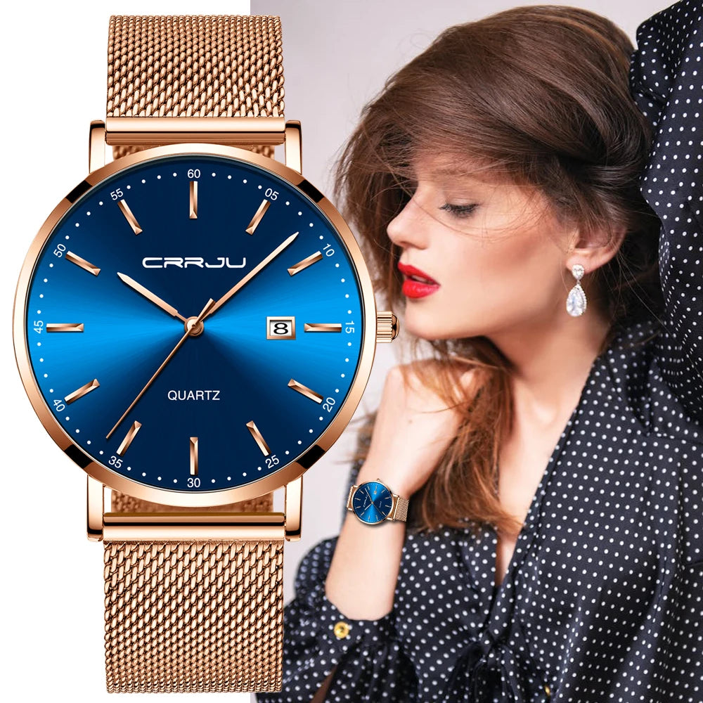 Montre Femme CRRJU Luxe Bracelet Maille Acier - Ultra-Fine Étanche Quartz Élégante
