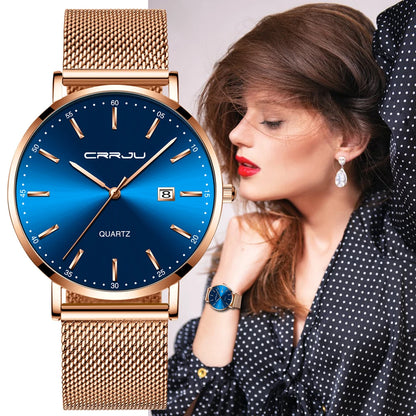 Montre Femme CRRJU Luxe Bracelet Maille Acier - Ultra-Fine Étanche Quartz Élégante