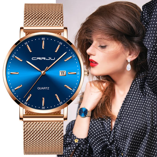 CRRJU Women's Luxury Watch with Steel Mesh Bracelet - Ultra-Thin, Waterproof, Quartz, Elegant
