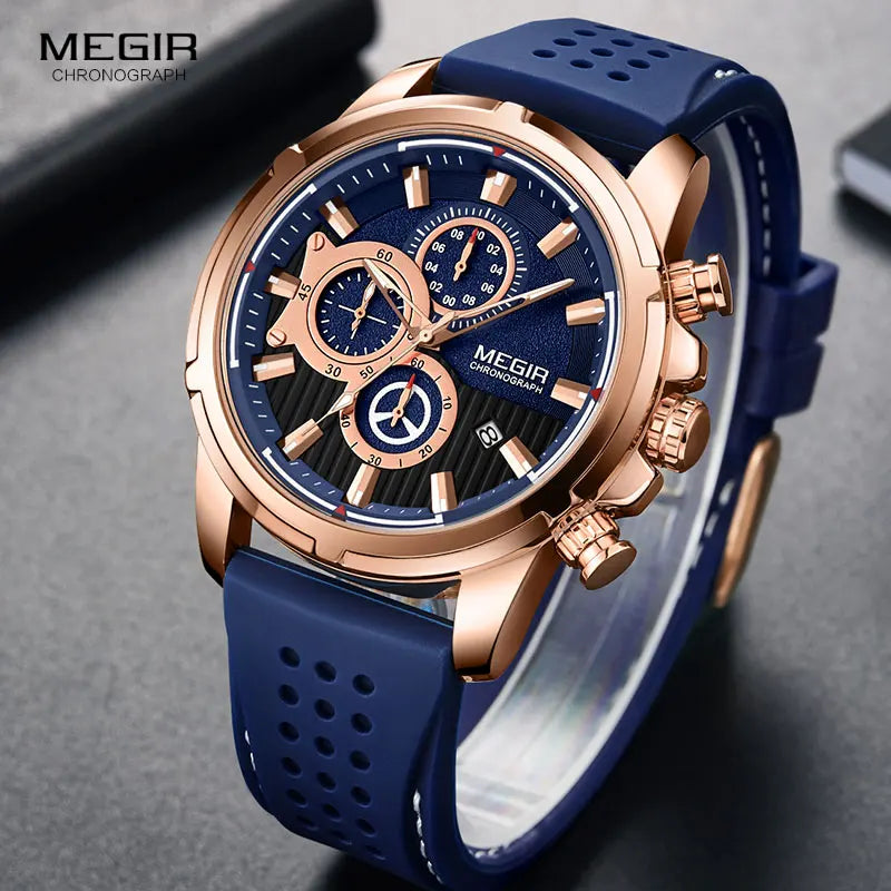 Montre MEGIR Homme Chronographe - Bracelet Silicone Bleu Rose Quartz Sport