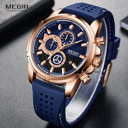 Montre MEGIR Homme Chronographe - Bracelet Silicone Bleu Rose Quartz Sport