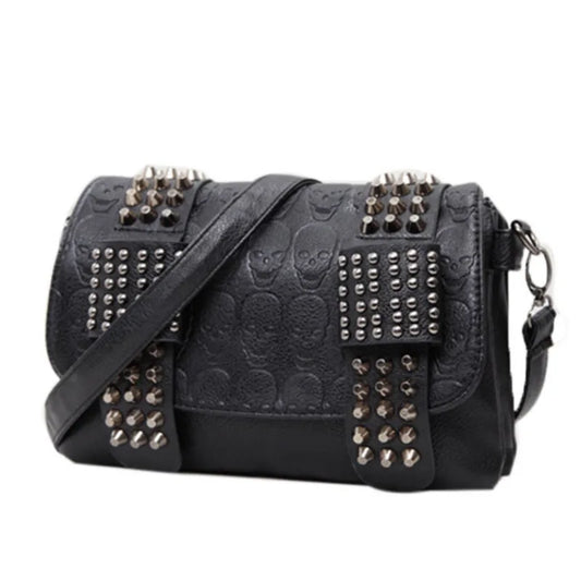 Sac Bandoulière Femme Cuir Noir Vintage - Messenger Rivets Crâne Style Rock
