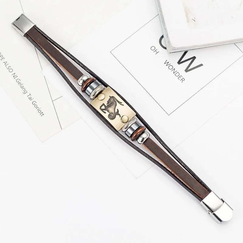 Bracelet Cuir Véritable Signes Zodiaque Acier Inoxydable - 12 Constellations Astrologie Homme Femme Verseau