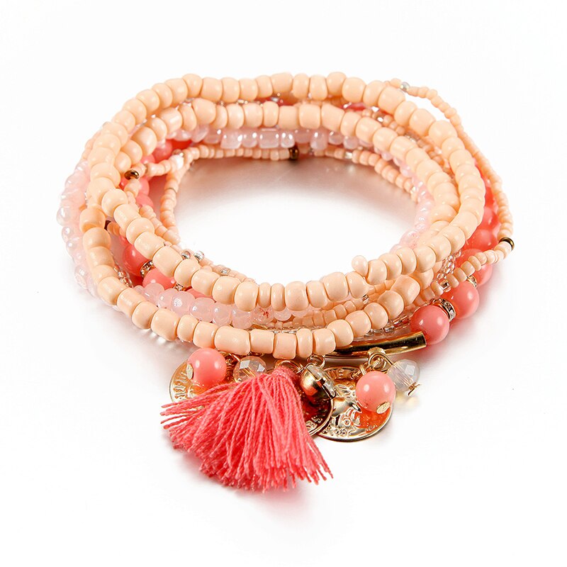 Bracelet Bohème Multicouche Femme - Perles Verre Pampille Or - Bijoux Fantaisie