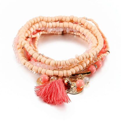 Bracelet Bohème Multicouche Femme - Perles Verre Pampille Or - Bijoux Fantaisie