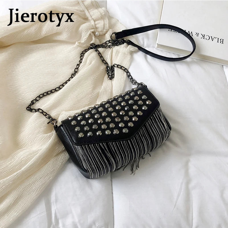 Mini Sac Bandoulière Femme Chaîne Pompons Diamants - Crossbody Fashion Noir