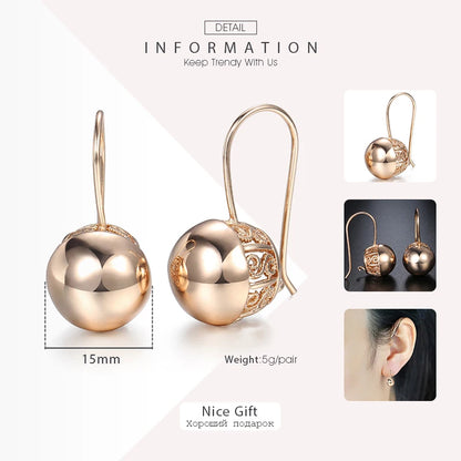 Boucles Oreilles Pendantes Or Rose 585 Zircon - Dangle Ball Cut Out Femme Fille Mariage Soirée Bijoux Cadeaux