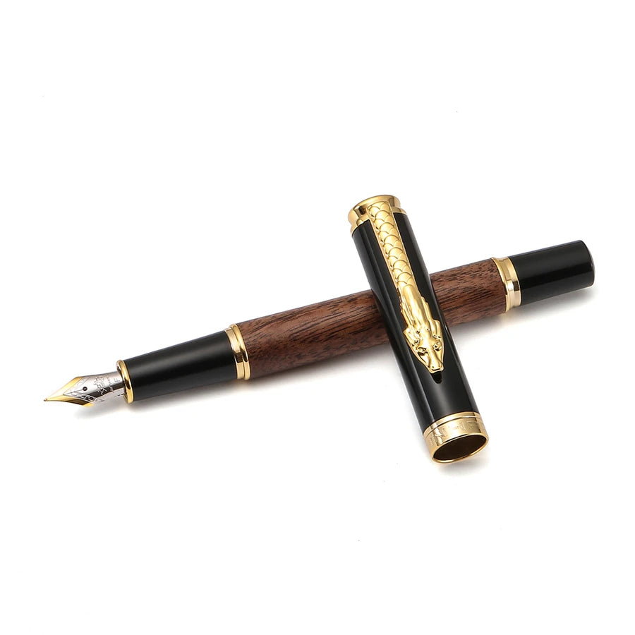 Stylo Plume Jinhao 8802 Luxe Dragon Or - Bois Rétro Signature Bureau Fournitures Scolaires