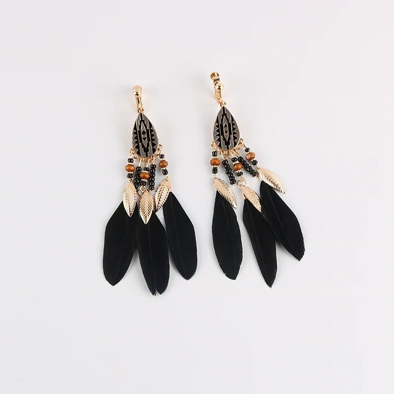 Boucles Oreilles Clips Plumes Pompons Bohème – Sans Perçage Longues Femme