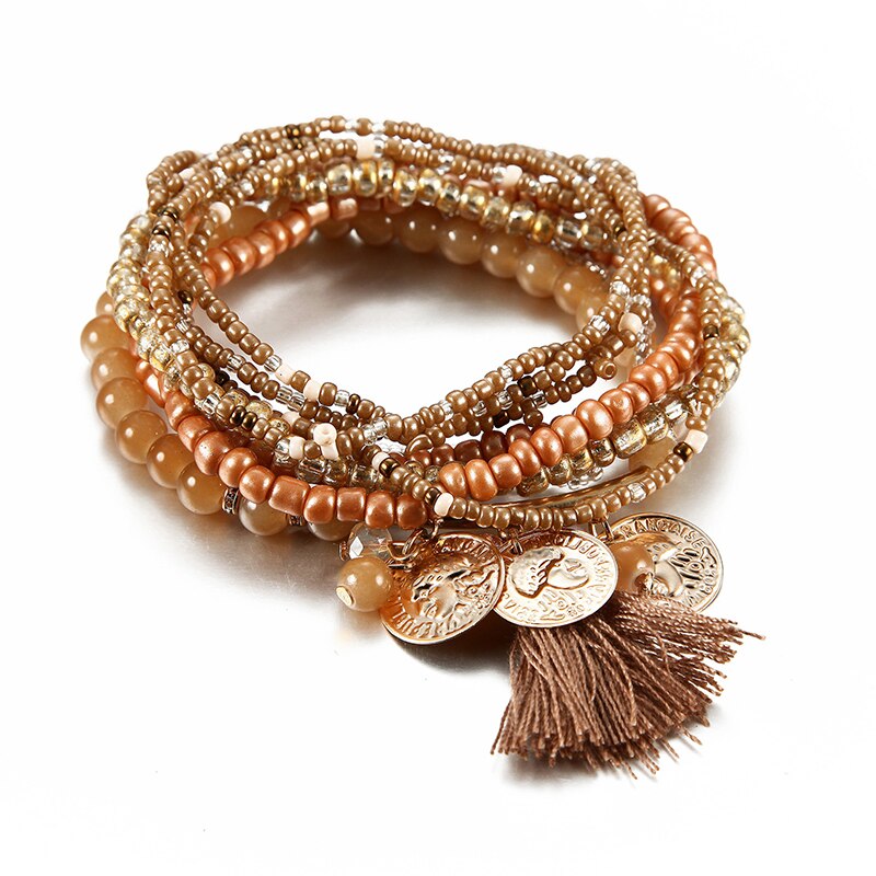 Bracelet Bohème Multicouche Femme - Perles Verre Pampille Or - Bijoux Fantaisie