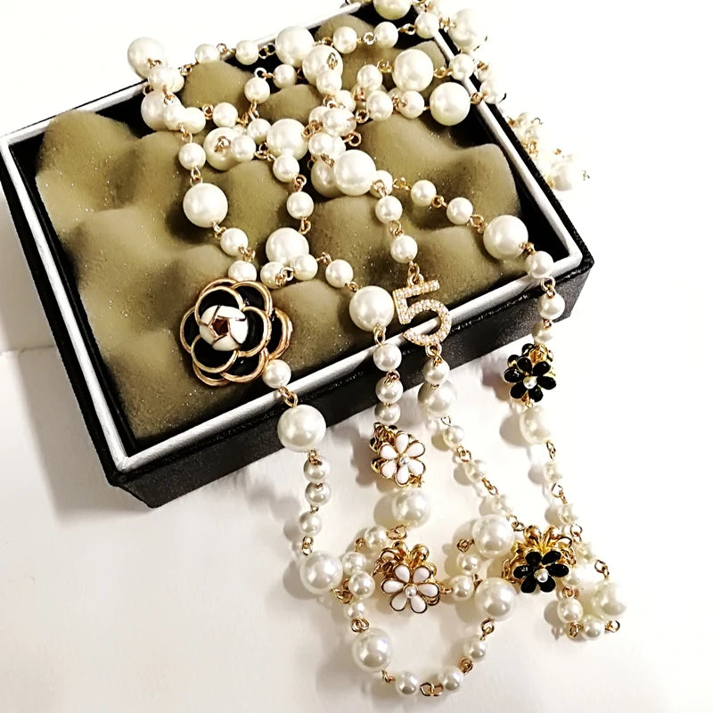 Collier Perles Simulées Long Double-Couche Femme - Pendentif Chaîne Pull Soirée Bijoux