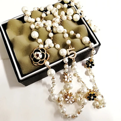 Collier Perles Simulées Long Double-Couche Femme - Pendentif Chaîne Pull Soirée Bijoux