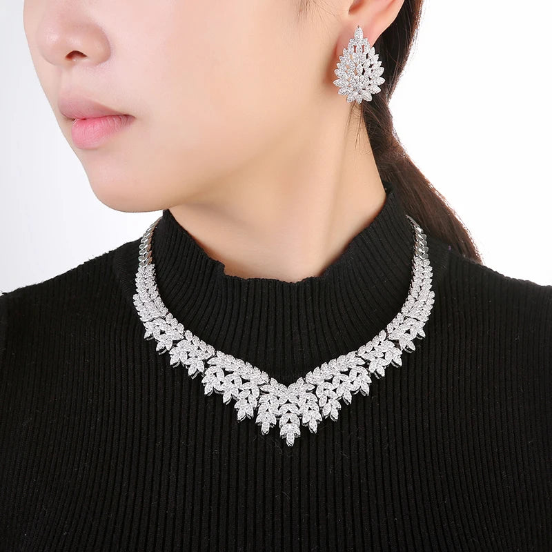 Ensemble Bijoux Mariage Hadiyana Zircone Cubique - Parure Luxe Mariée Collier Boucles Or