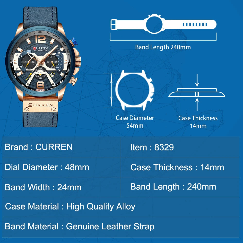 Montre Homme CURREN Cuir Sport Chronographe - Quartz Étanche Luxe Fashion Relogio Masculino