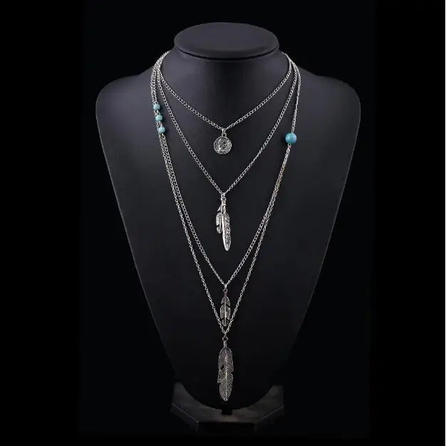 Collier Bohème Multicouche Plumes Perles – Sautoir Maxi Tendance