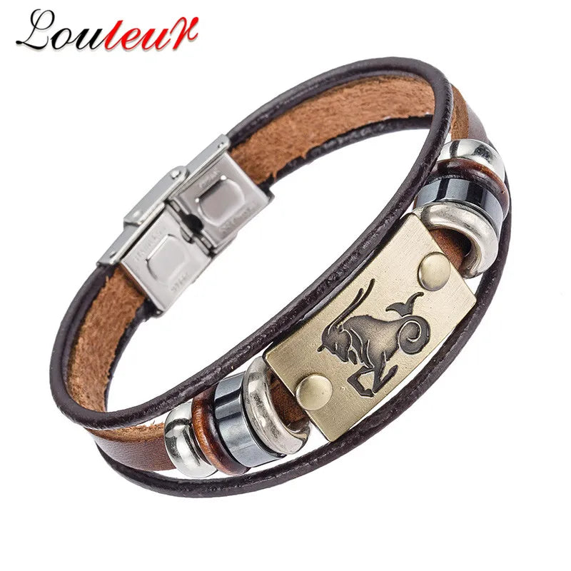 Bracelet Cuir Véritable Signes Zodiaque Acier Inoxydable - 12 Constellations Astrologie Homme Femme Verseau