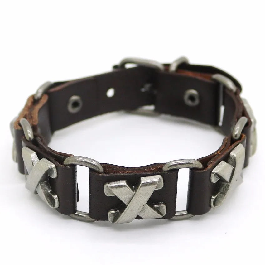Bracelet Cuir Rétro Punk Croix - Chaîne Argent Tibétain Unisexe