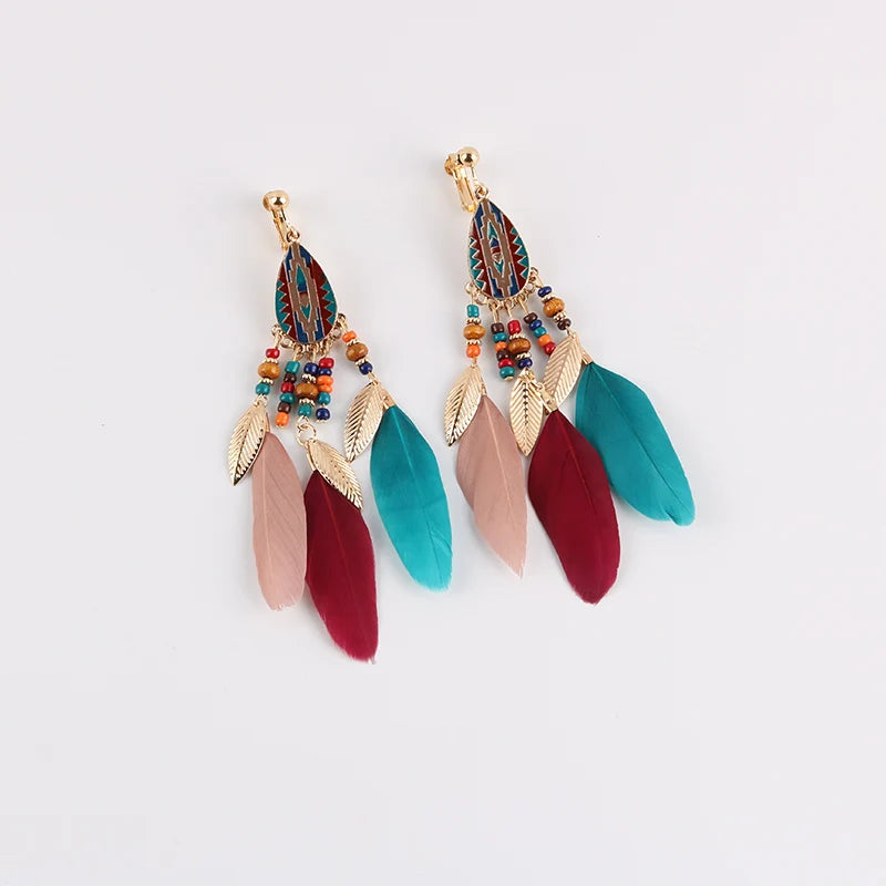 Boucles Oreilles Clips Plumes Pompons Bohème – Sans Perçage Longues Femme