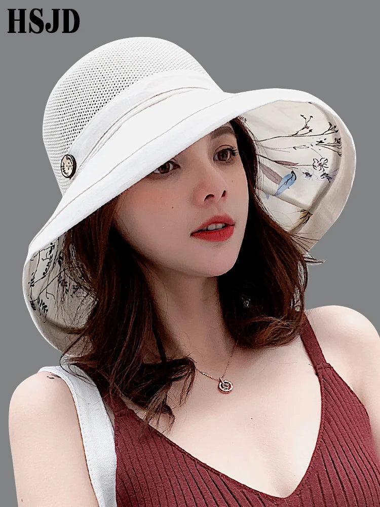 Chapeau de Soleil Femme Large Bord Fleur - Protection UV Plage Pliable Mesh Été