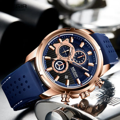 Montre MEGIR Homme Chronographe - Bracelet Silicone Bleu Rose Quartz Sport