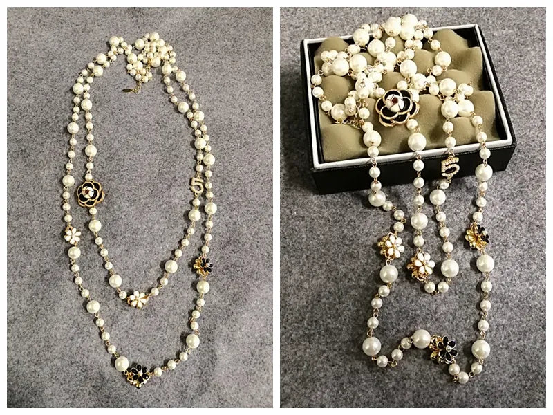 Collier Perles Simulées Long Double-Couche Femme - Pendentif Chaîne Pull Soirée Bijoux