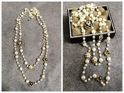Collier Perles Simulées Long Double-Couche Femme - Pendentif Chaîne Pull Soirée Bijoux