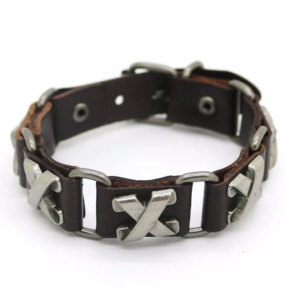 Bracelet Cuir Rétro Punk Croix - Chaîne Argent Tibétain Unisexe