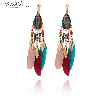 Boucles Oreilles Clips Plumes Pompons Bohème – Sans Perçage Longues Femme
