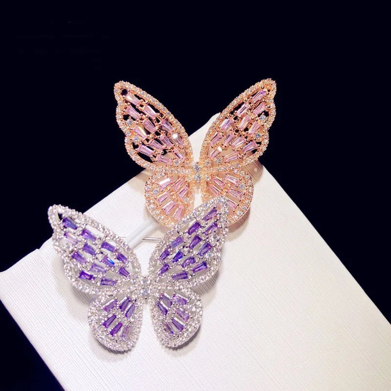Broche Papillon Argent 925 Zircons Cubiques Rose Violet – Bijou Fin Ajouré Luxe Femme