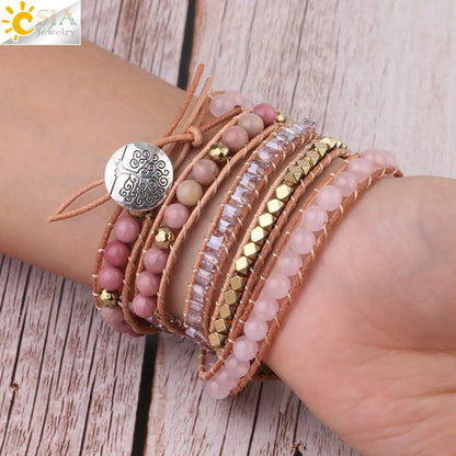 Bracelet Wrap Quartz Rose Cuir – Pierre Naturelle Bohème Multicouche