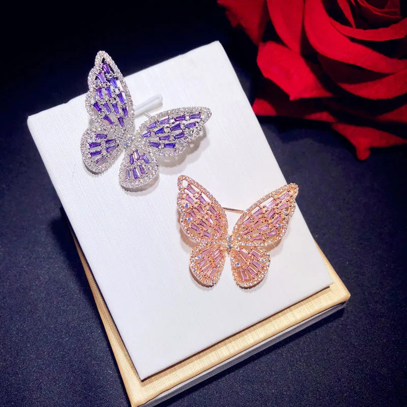 Broche Papillon Argent 925 Zircons Cubiques Rose Violet – Bijou Fin Ajouré Luxe Femme