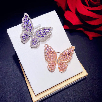 Broche Papillon Argent 925 Zircons Cubiques Rose Violet – Bijou Fin Ajouré Luxe Femme