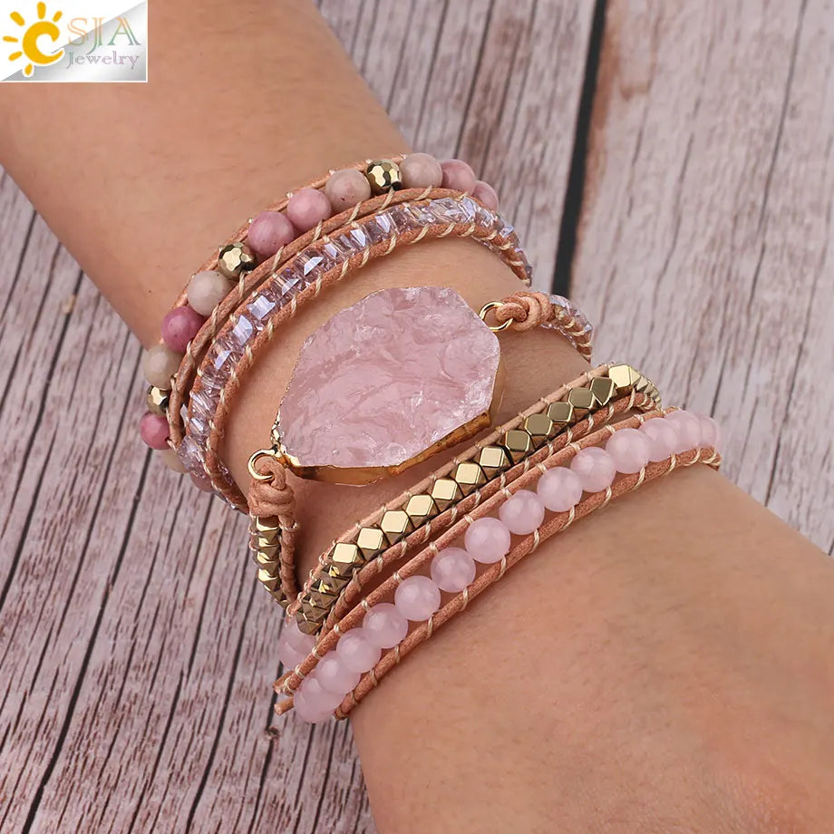 Bracelet Wrap Quartz Rose Cuir – Pierre Naturelle Bohème Multicouche