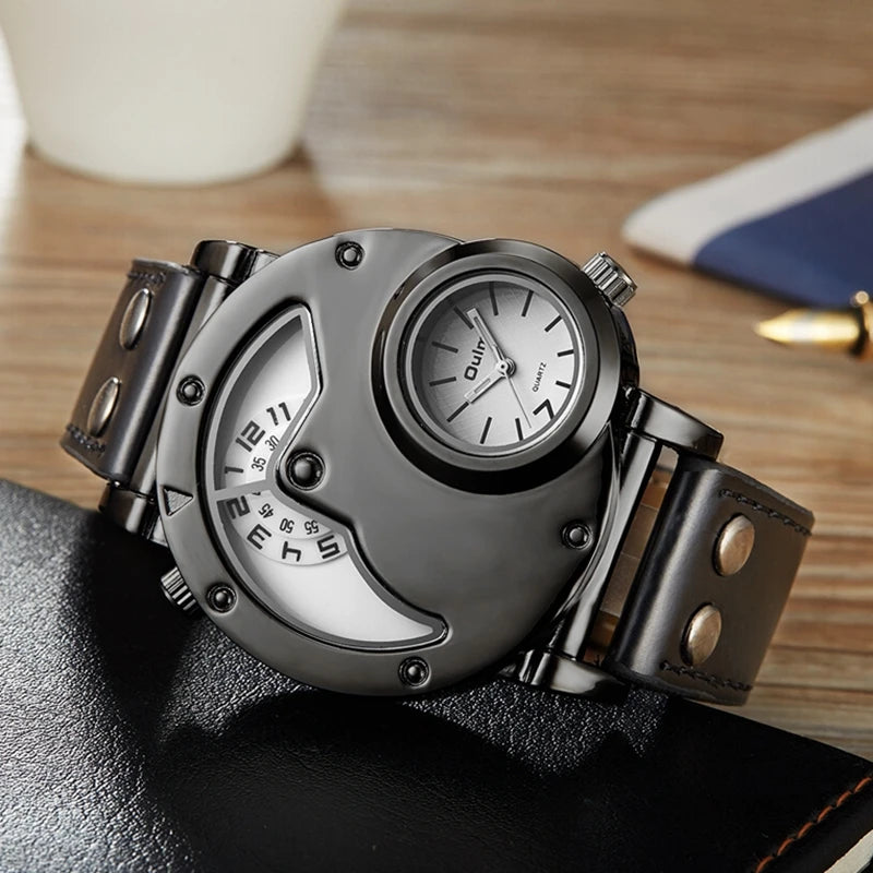 Montre Homme Oulm Luxe Double Fuseau Horaire - Quartz Cuir Sport Casual Relogio Masculino