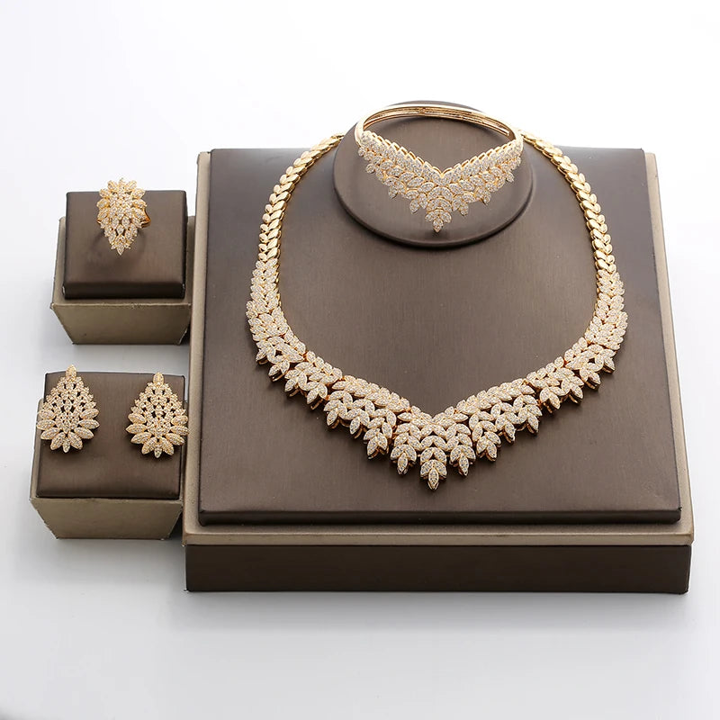 Ensemble Bijoux Mariage Hadiyana Zircone Cubique - Parure Luxe Mariée Collier Boucles Or
