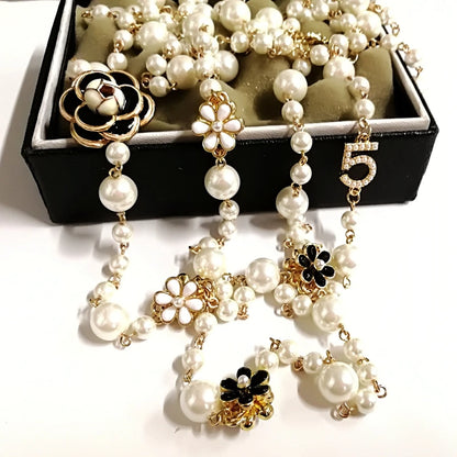 Collier Perles Simulées Long Double-Couche Femme - Pendentif Chaîne Pull Soirée Bijoux