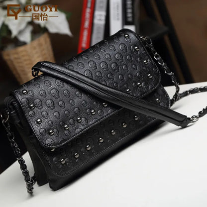 Sac Bandoulière Skull JIEROTYX Cuir - Petit Sac Épaule Tête de Mort Chaîne Luxe Femme