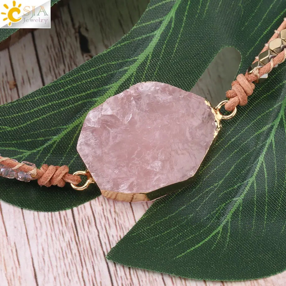 Bracelet Wrap Quartz Rose Cuir – Pierre Naturelle Bohème Multicouche