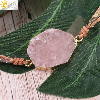Bracelet Wrap Quartz Rose Cuir – Pierre Naturelle Bohème Multicouche