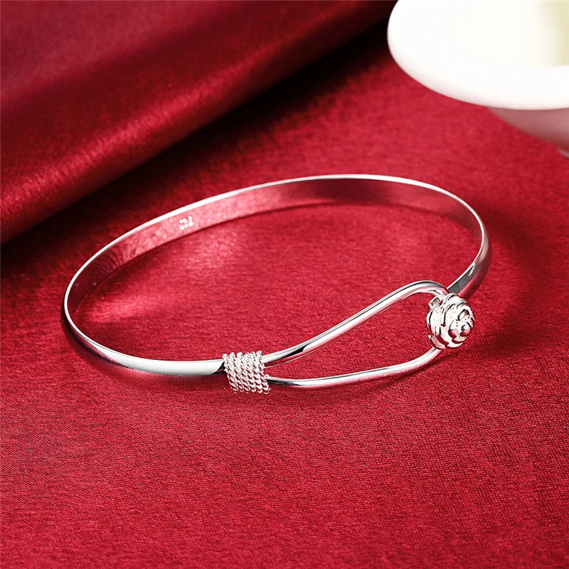Bracelet Jonc Argent Sterling 925 DOTEFFIL Fleur Rose - Bangle Femme Mariage Fiançailles Charm