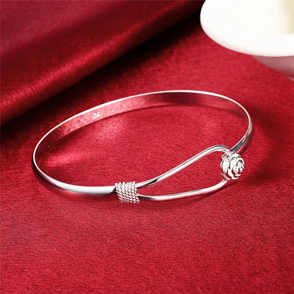 Bracelet Jonc Argent Sterling 925 DOTEFFIL Fleur Rose - Bangle Femme Mariage Fiançailles Charm
