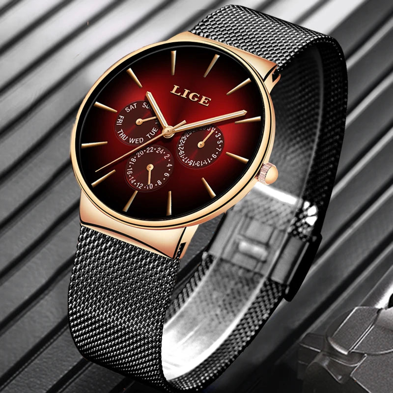Montre LIGE Homme Quartz - Bracelet Maille Acier Or Rose Vert Ultra-Fine