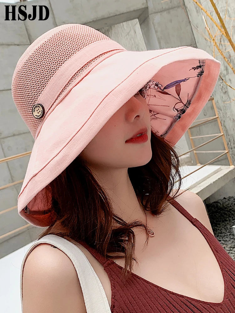 Chapeau de Soleil Femme Large Bord Fleur - Protection UV Plage Pliable Mesh Été