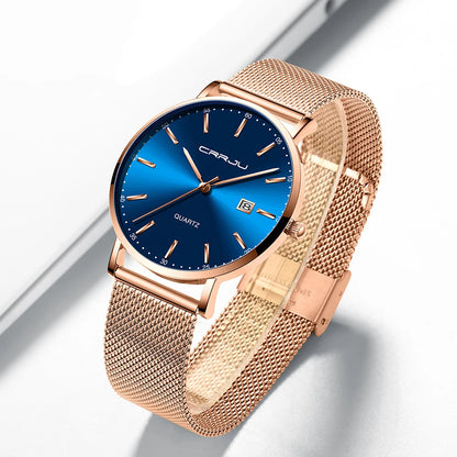 Montre Femme CRRJU Luxe Bracelet Maille Acier - Ultra-Fine Étanche Quartz Élégante
